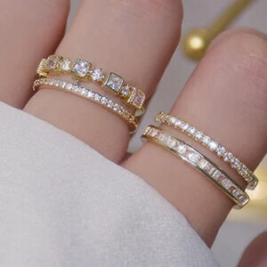NEW Women's Double Layer Simulated Diamond Gold-Plated S925‎ Ring, Adjustable